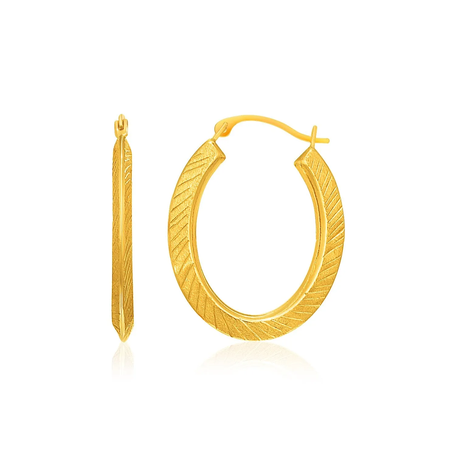 10k Yellow Gold Oval Line Texture Hoop Earrings-rx49473