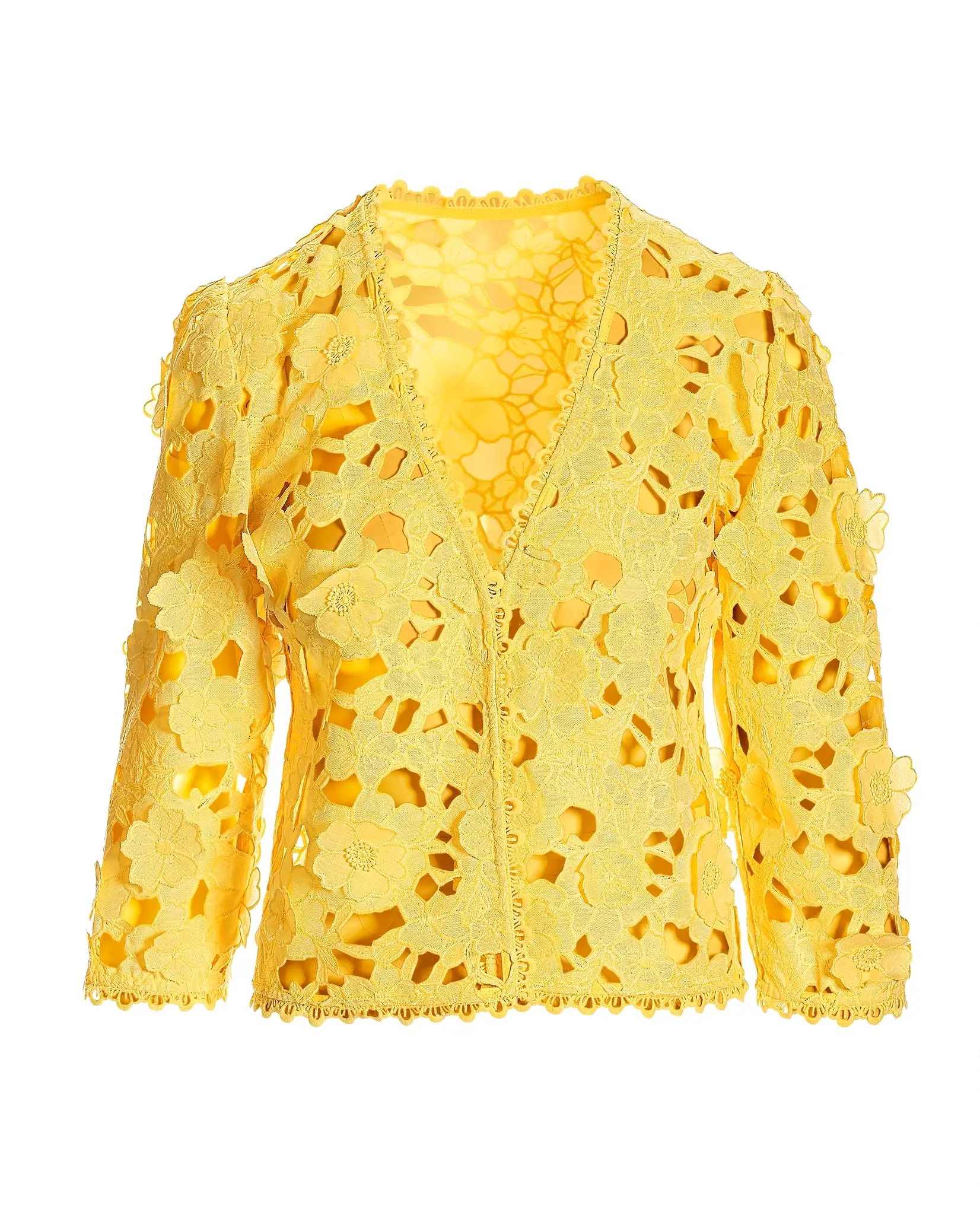 3D floral lace three-quarter sleeve jacket Lemon Drop