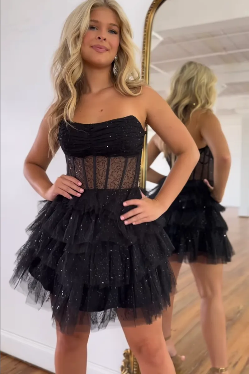 A line Strapless Tiered Black Short Homecoming Dress QH2474