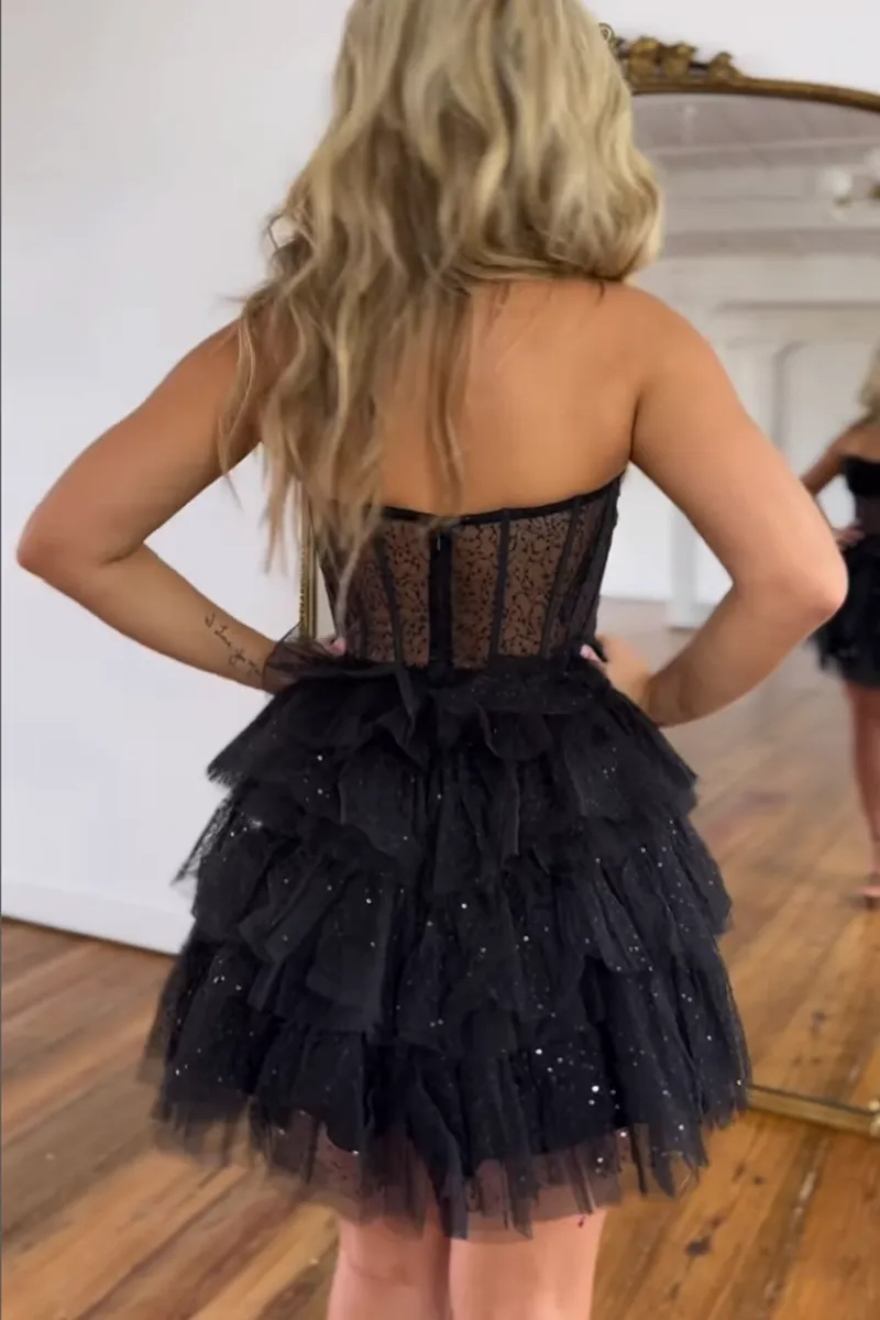 A line Strapless Tiered Black Short Homecoming Dress QH2474