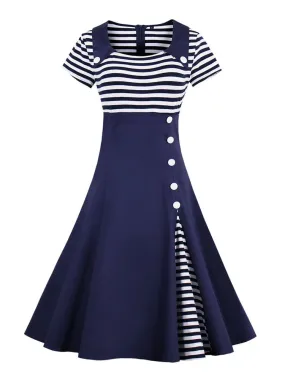 A-Line Striped Vintage Buttons Short Sleeve Summer Dress High Waist Women Clothing Patchwork Dresses