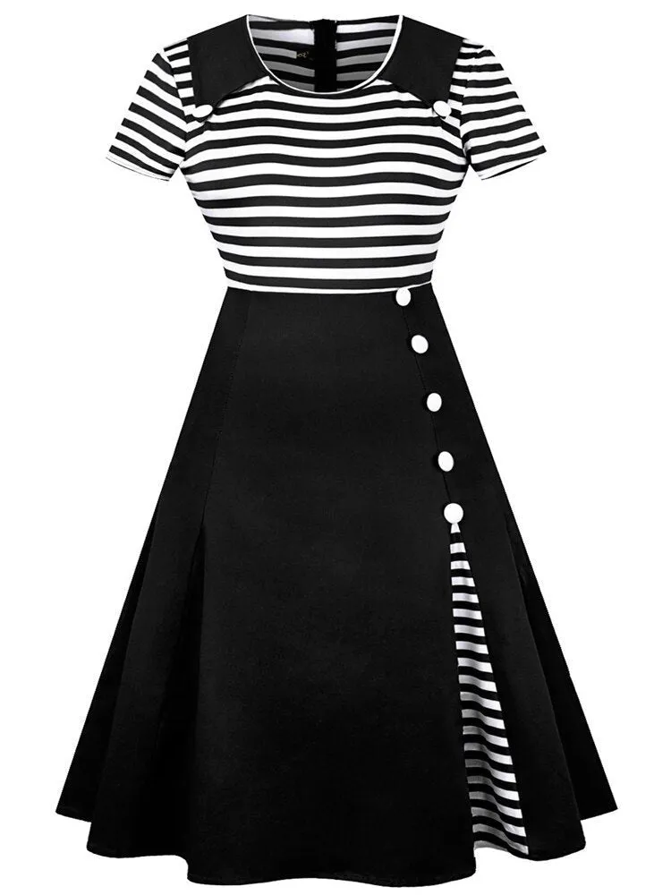 A-Line Striped Vintage Summer Flare Tunic Dress High Waist Buttons Short Sleeve Women Clothing Patchwork 60s Rockabilly Dresses