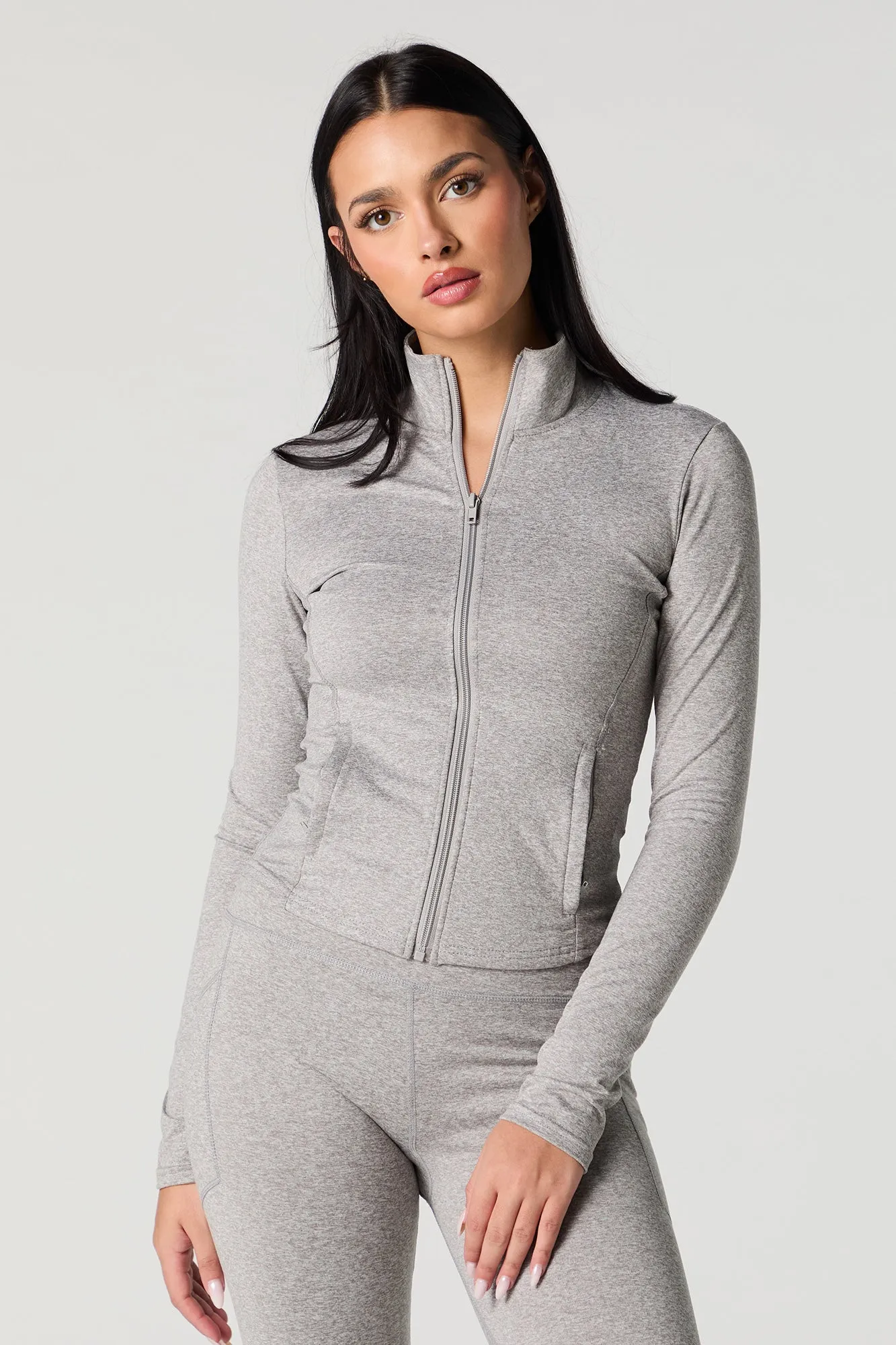 Active Soft Zip-Up Mock Neck Long Sleeve Top