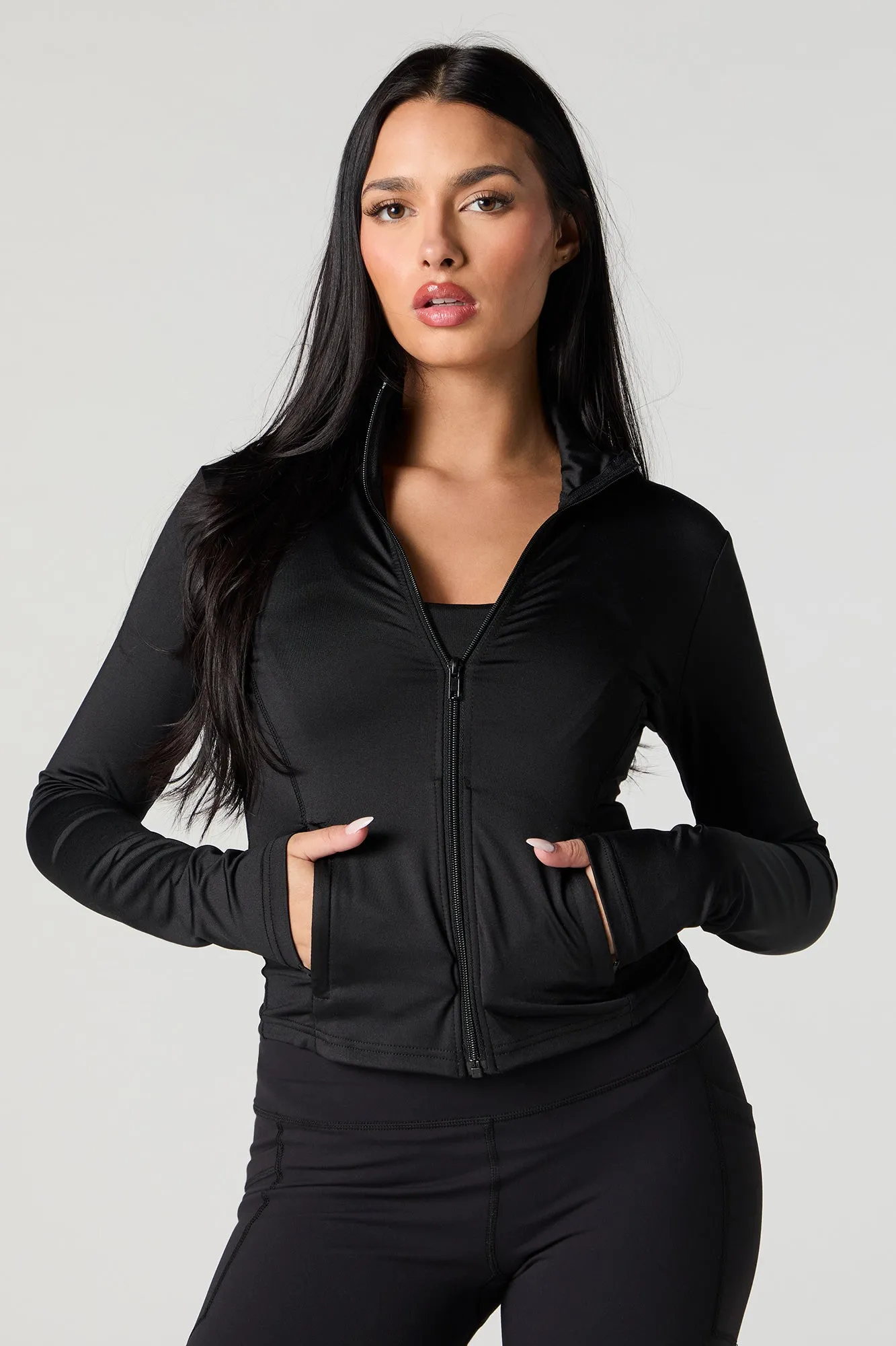 Active Soft Zip-Up Mock Neck Long Sleeve Top