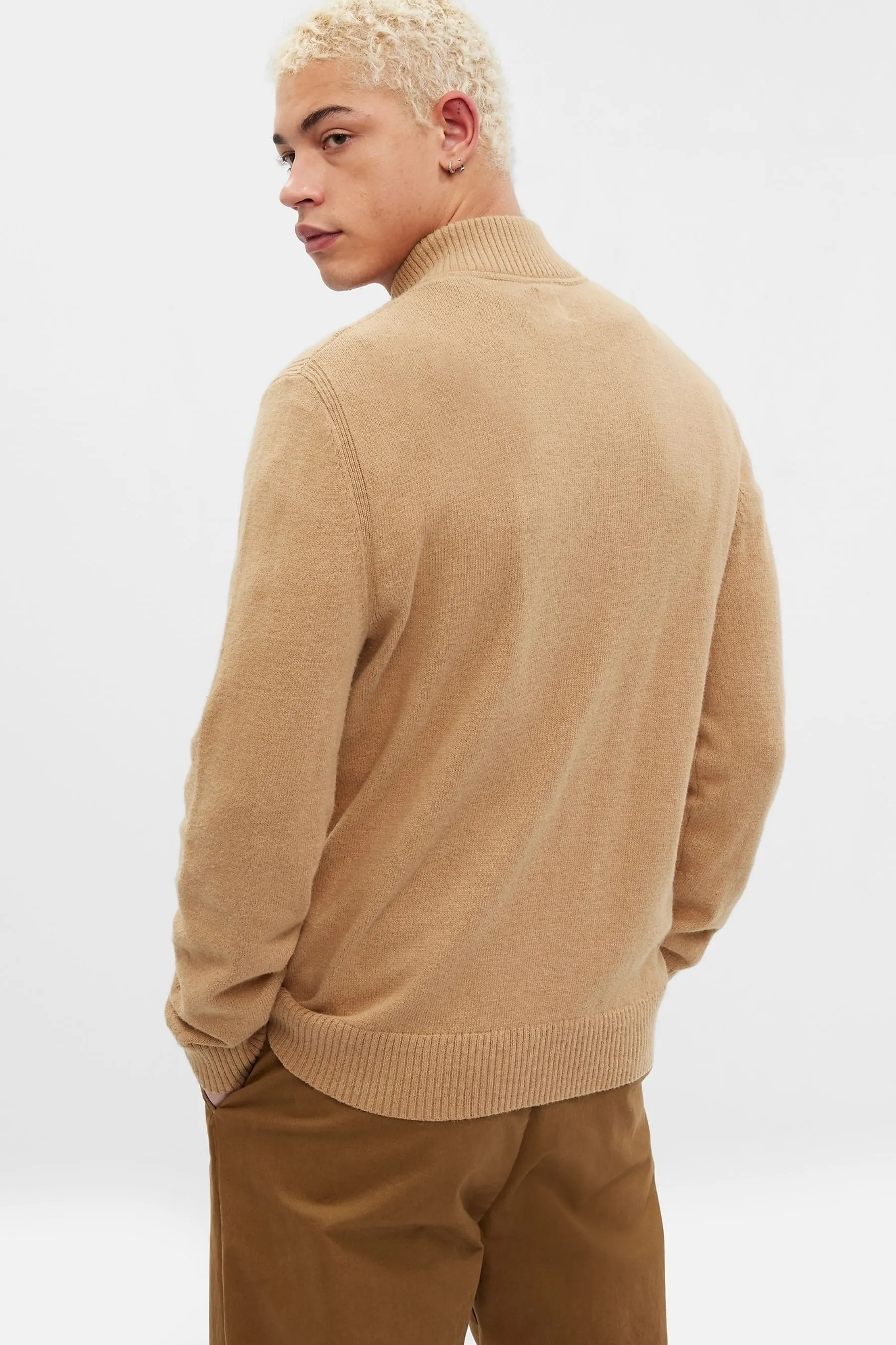 Beige Mock Neck Long Sleeve Button Jumper