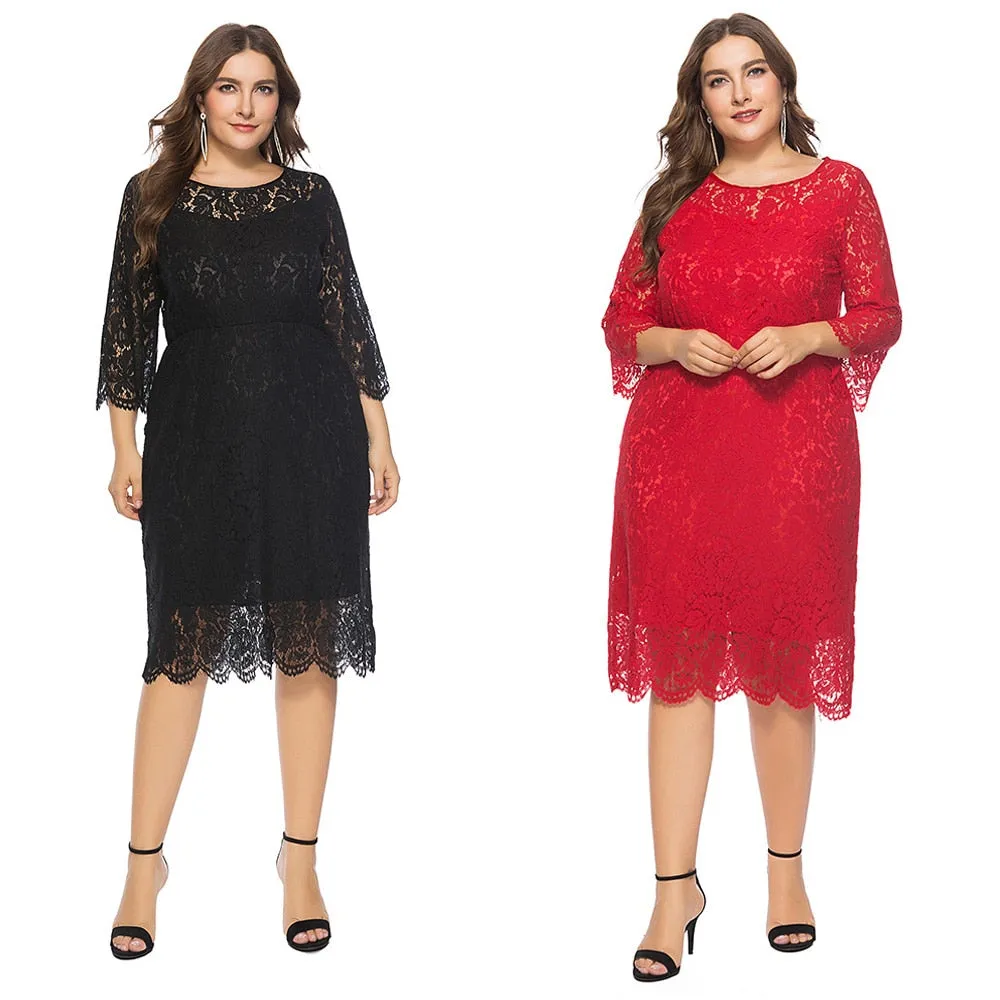 Black Formal Lace O-neck Plus Size 6XL Elegant Red Cut Out Lace Three Quarter Sleeve Party Evening Dress