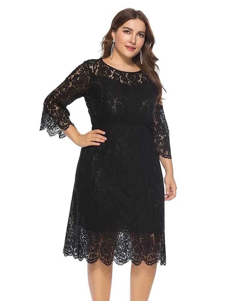 Black Formal Lace O-neck Plus Size 6XL Elegant Red Cut Out Lace Three Quarter Sleeve Party Evening Dress