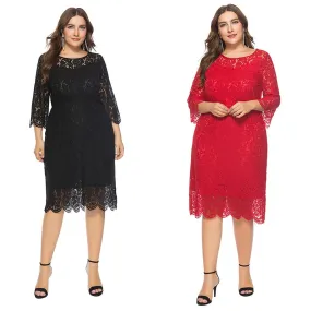 Black Formal Lace O-neck Plus Size 6XL Elegant Red Cut Out Lace Three Quarter Sleeve Party Evening Dress