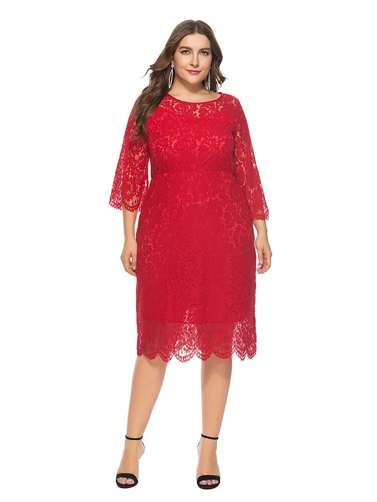 Black Formal Lace O-neck Plus Size 6XL Elegant Red Cut Out Lace Three Quarter Sleeve Party Evening Dress