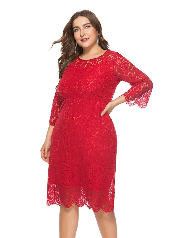 Black Formal Lace O-neck Plus Size 6XL Elegant Red Cut Out Lace Three Quarter Sleeve Party Evening Dress