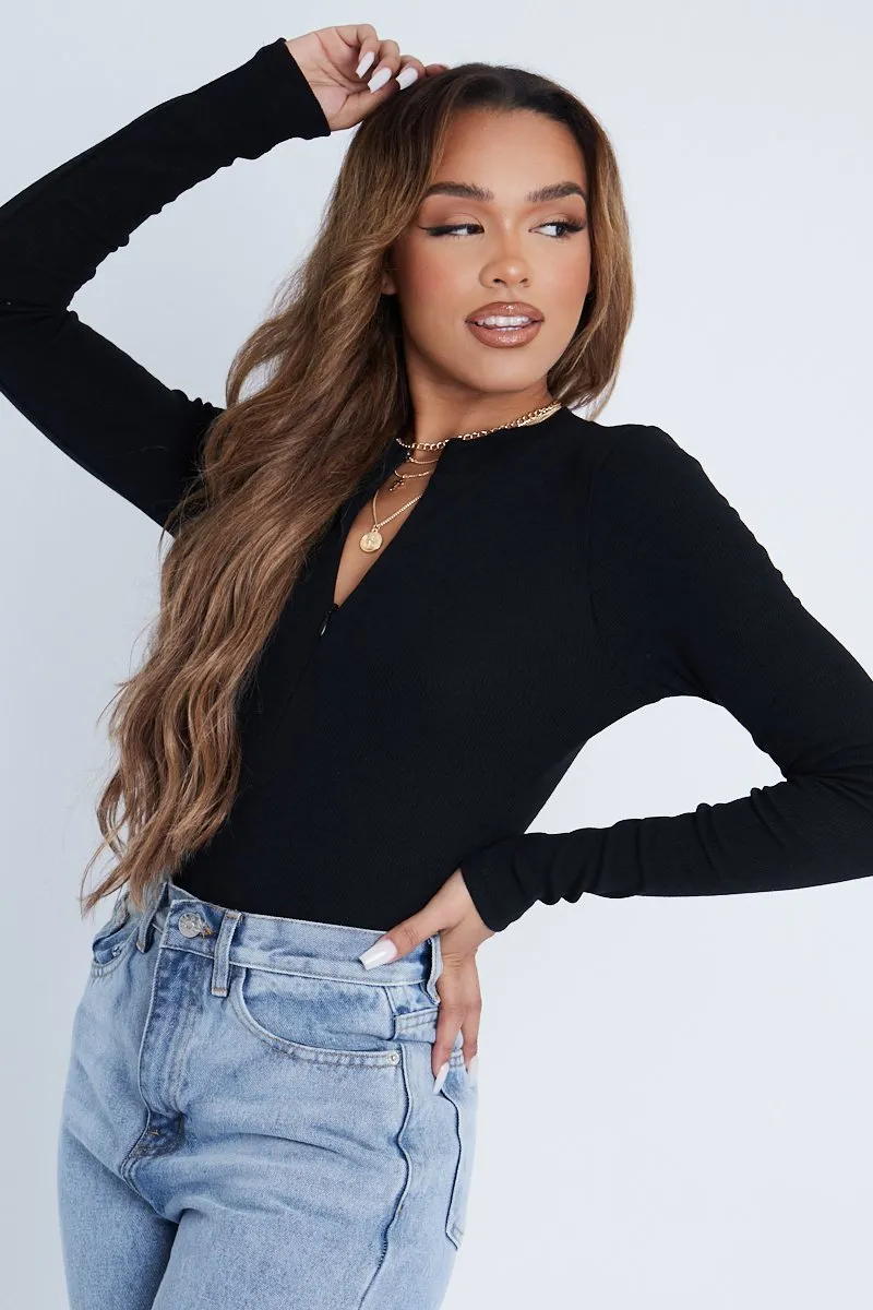 Black Ribbed Zip Front Long Sleeve Bodysuit - Susanne