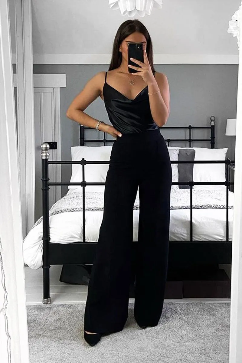 Black Satin Cowl Neck Bodysuit - Miley