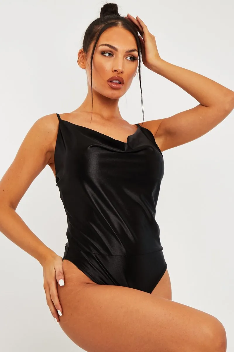 Black Satin Cowl Neck Bodysuit - Miley