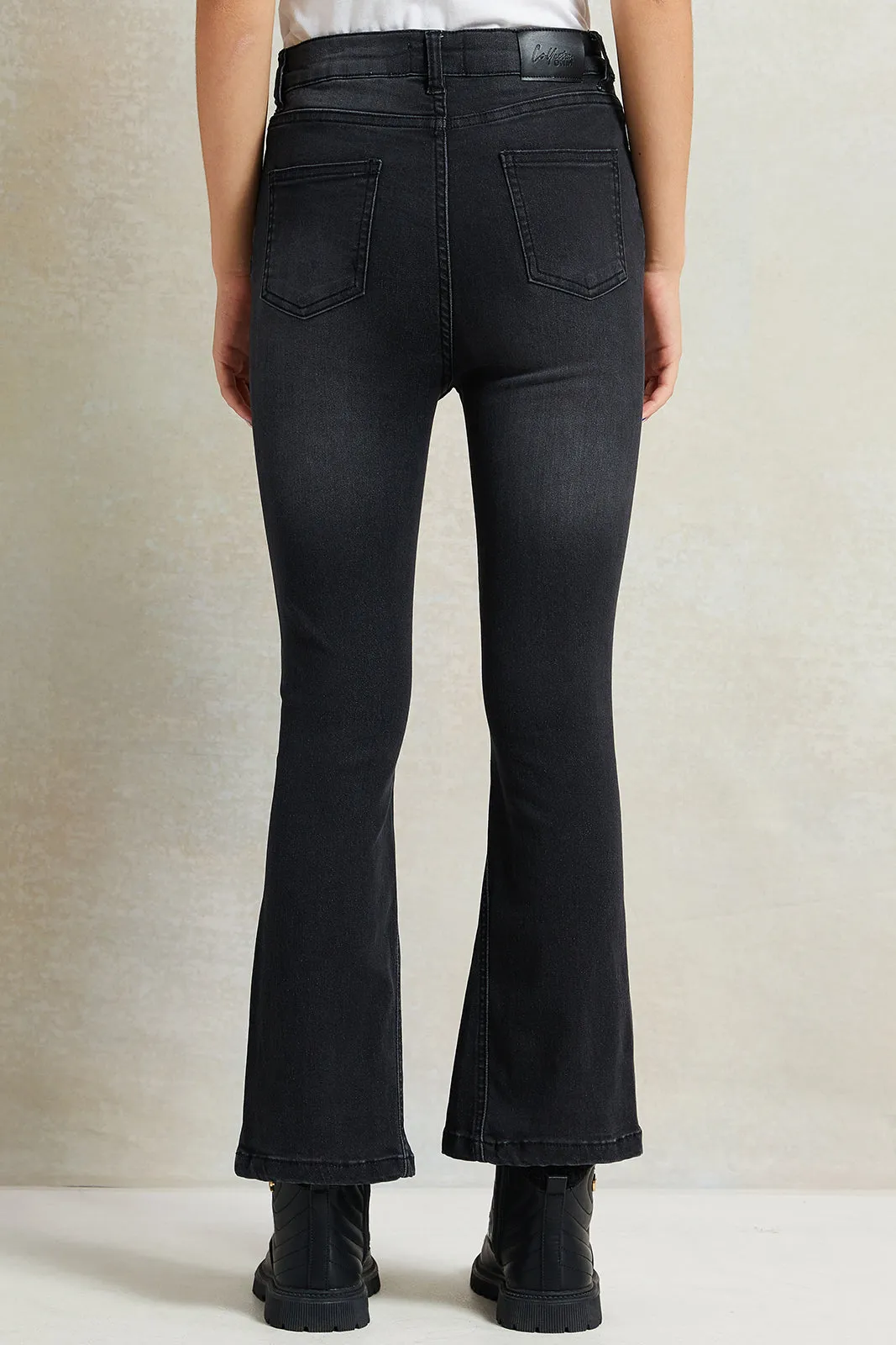 Black Skinny Flared Jeans With Front Slit