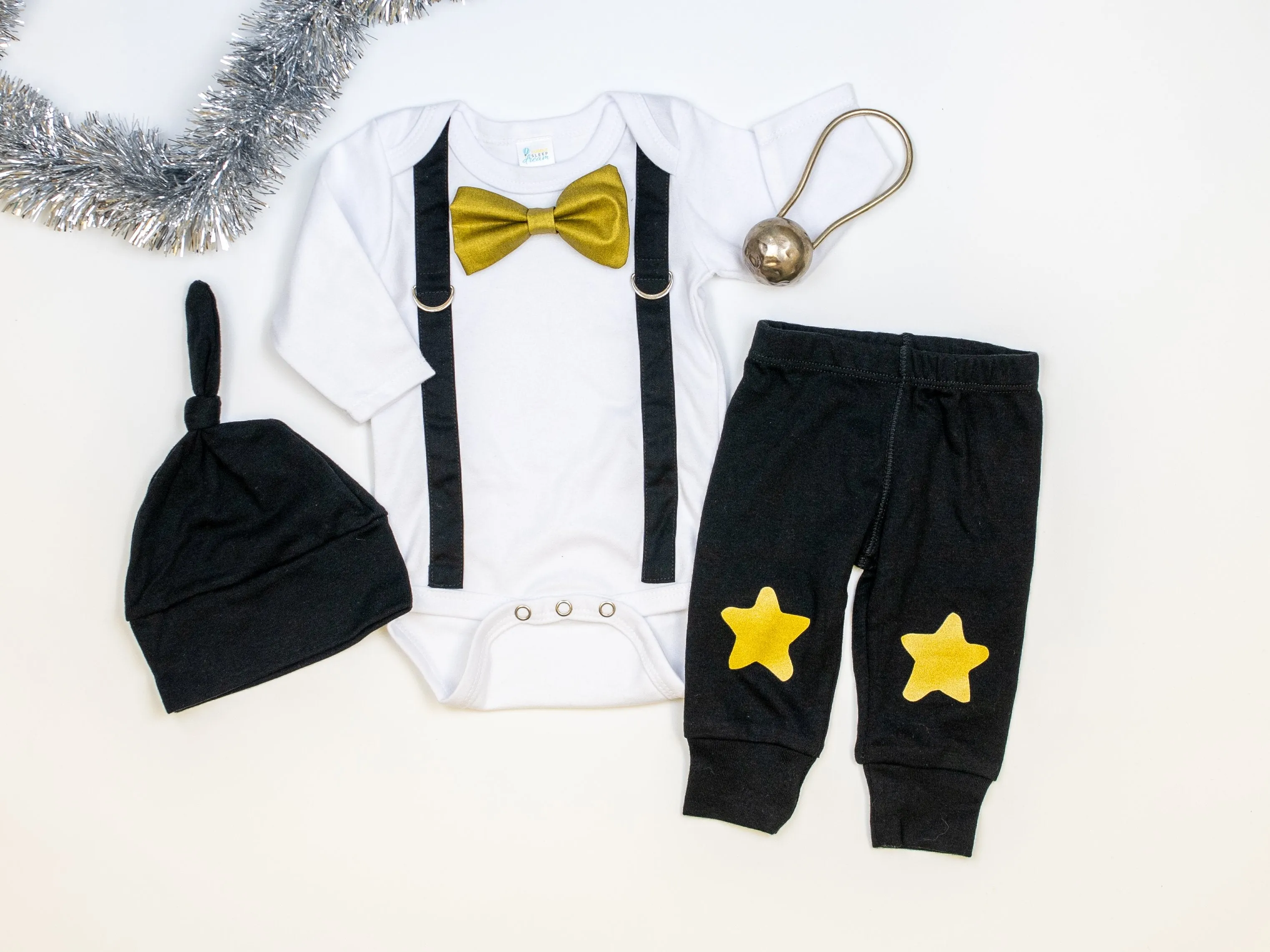 Black Suspender | Metallic Gold Bow Tie | Bodysuit