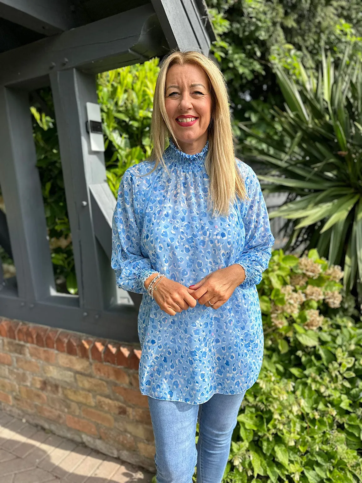 Blue Leopard High Neck Blouse June