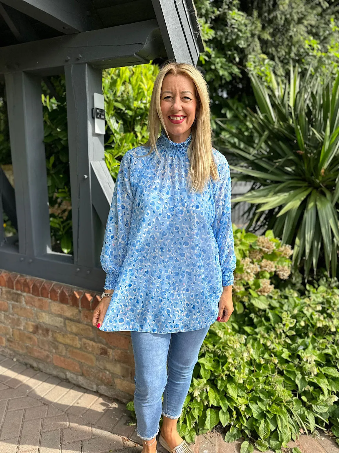 Blue Leopard High Neck Blouse June