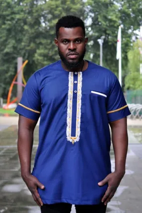 Blue Short Sleeved African Embroidery Shirt - African Clothing Store | JT Aphrique