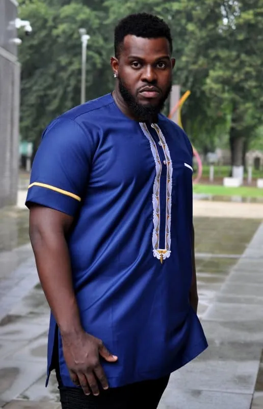 Blue Short Sleeved African Embroidery Shirt - African Clothing Store | JT Aphrique