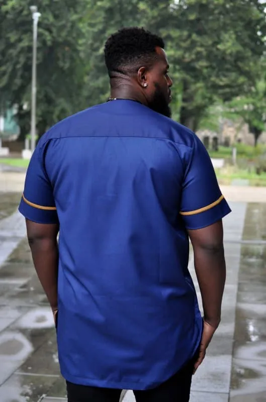 Blue Short Sleeved African Embroidery Shirt - African Clothing Store | JT Aphrique