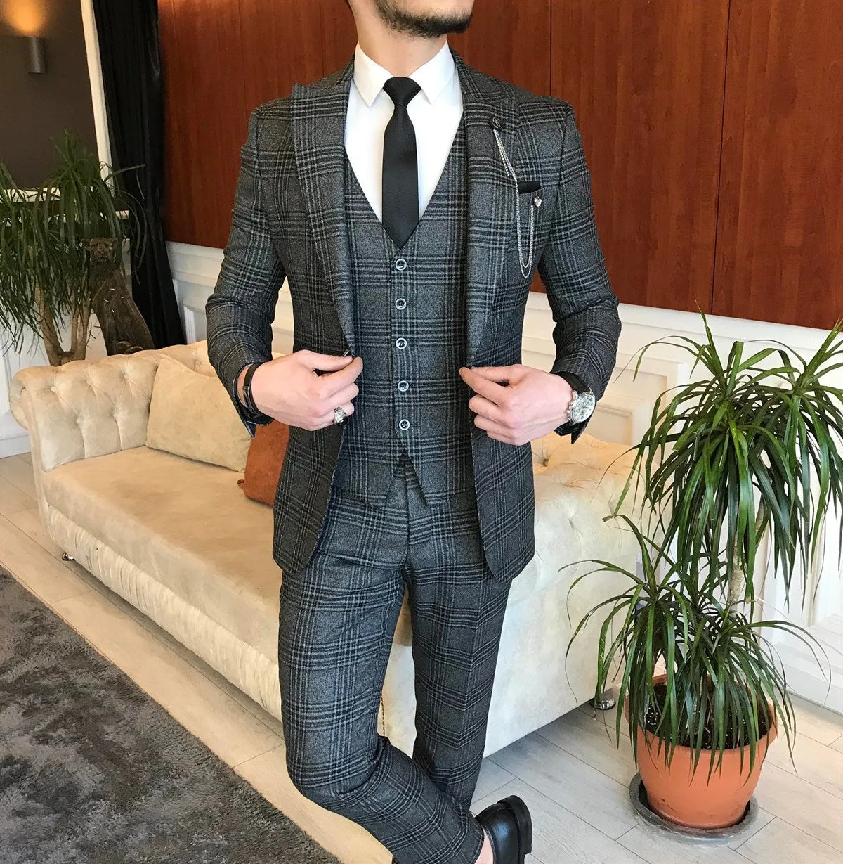 Bojoni Grey Plaid Slim-Fit Suit 3-Piece