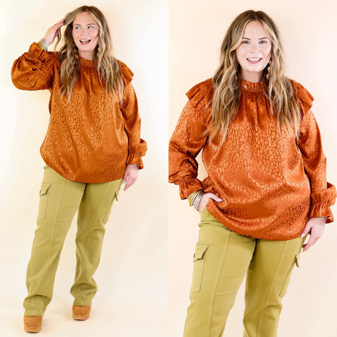 Can't Stop Me Ruffle Mock Neck Long Sleeve Leopard Print Satin Top in Rust Orange