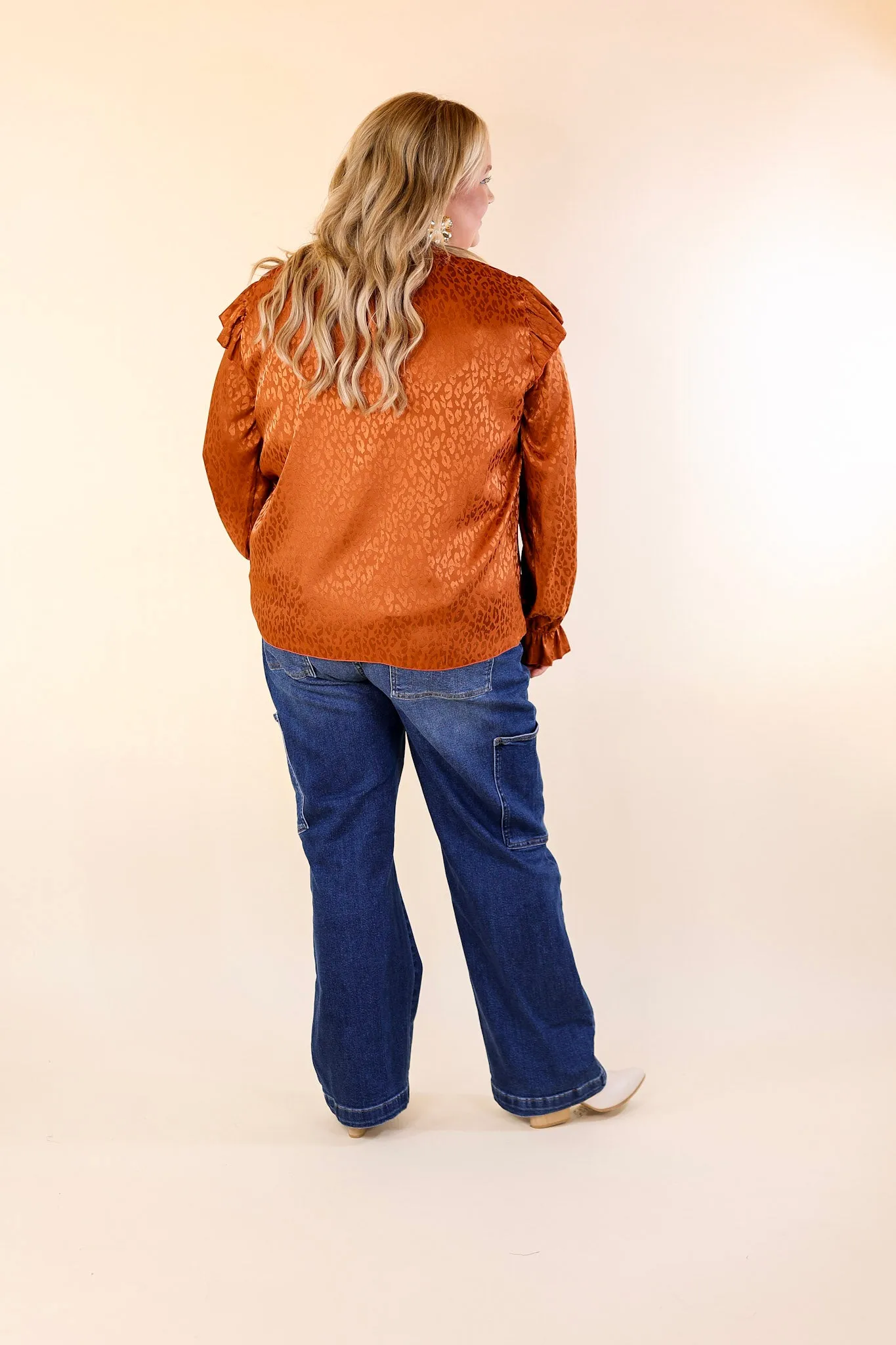 Can't Stop Me Ruffle Mock Neck Long Sleeve Leopard Print Satin Top in Rust Orange