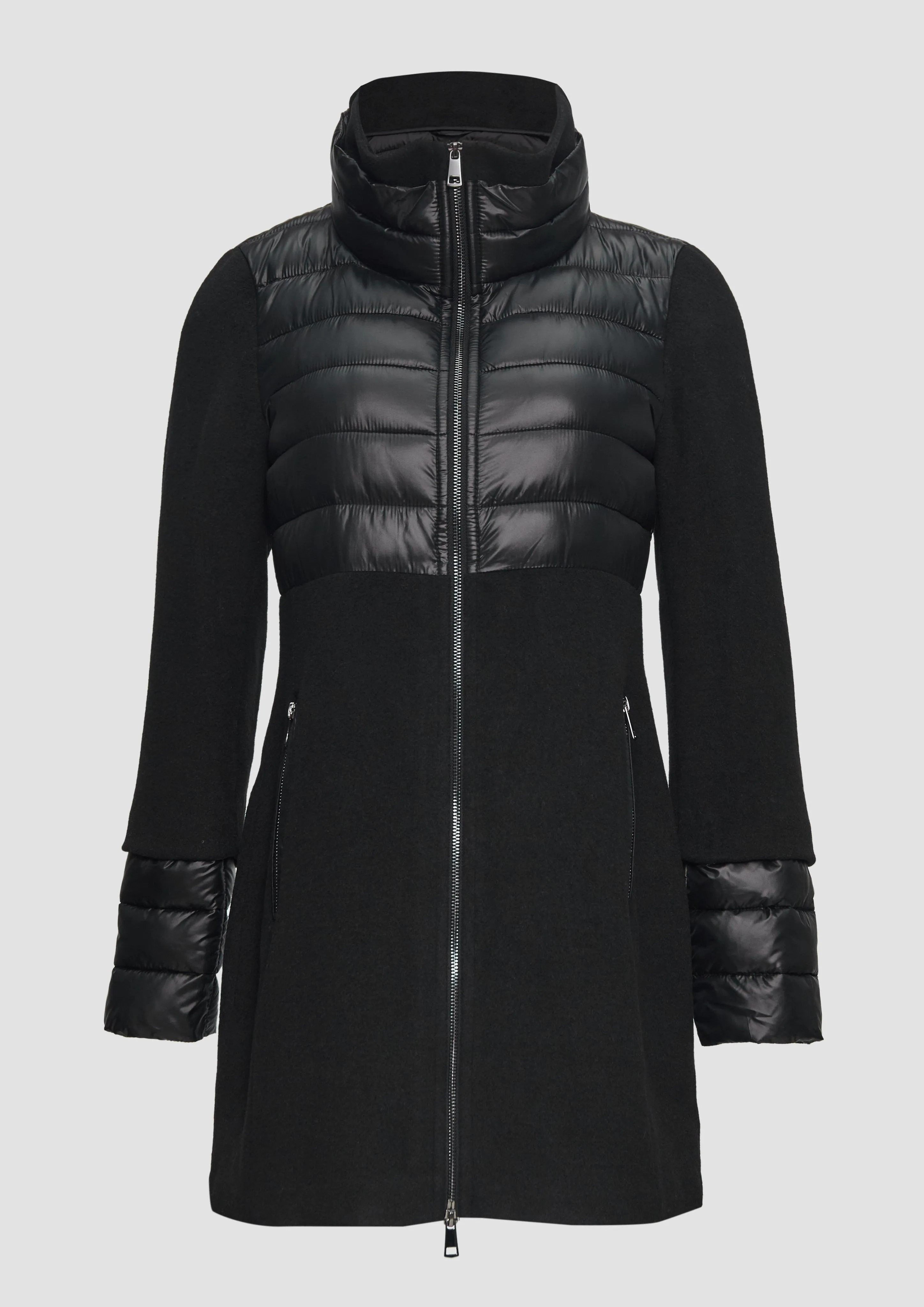 Coat in a mix of materials with a high stand-up collar