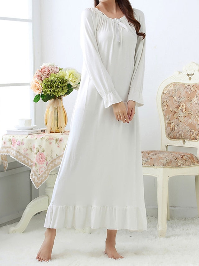 Coral Red Cozy Cotton Crew Neck Nightgown for Women