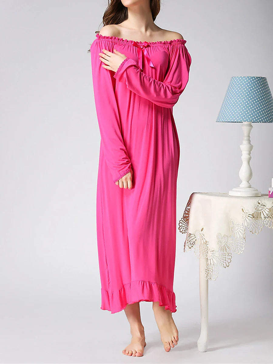 Coral Red Cozy Cotton Crew Neck Nightgown for Women