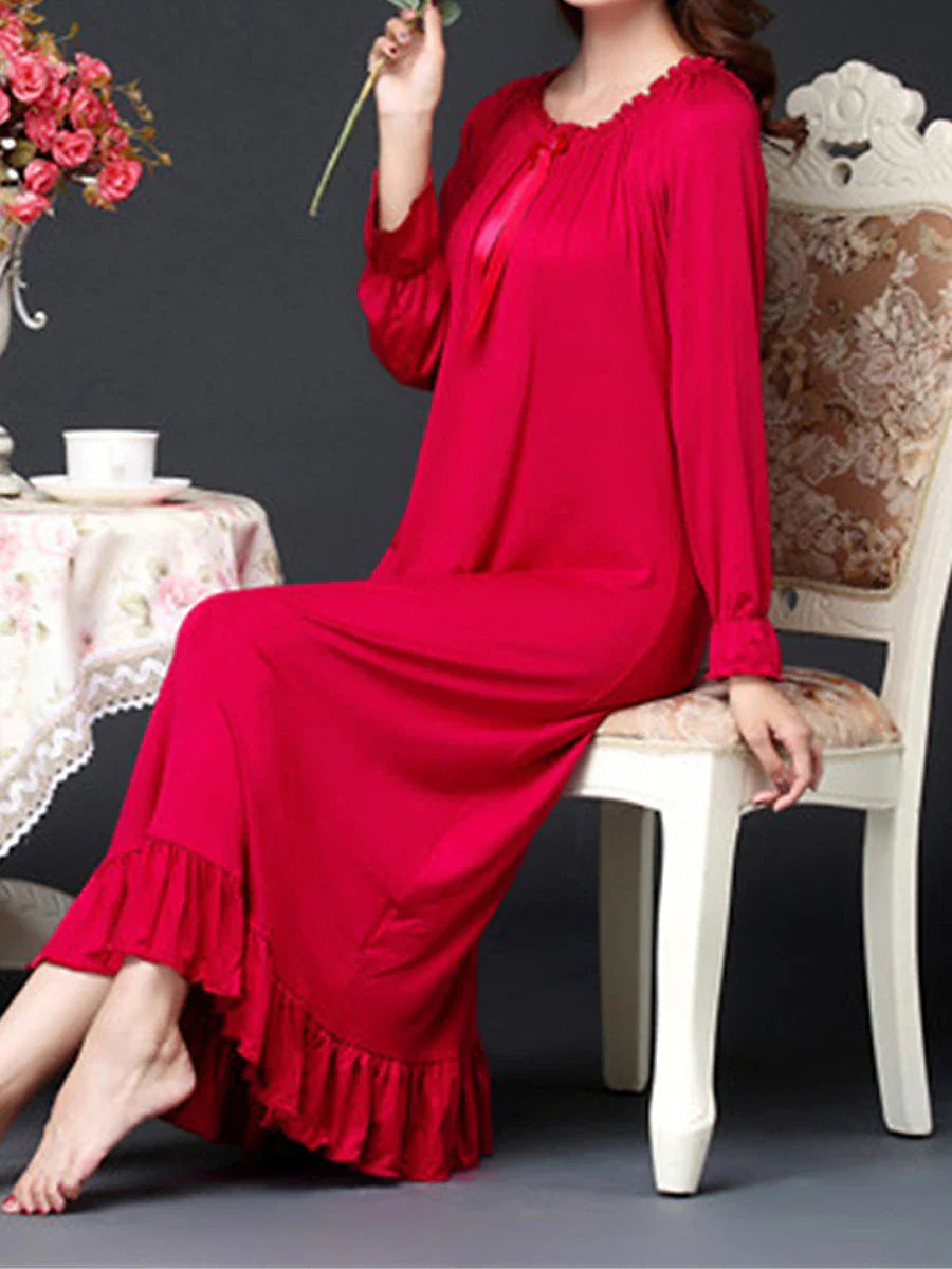 Coral Red Cozy Cotton Crew Neck Nightgown for Women