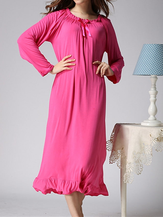 Coral Red Cozy Cotton Crew Neck Nightgown for Women