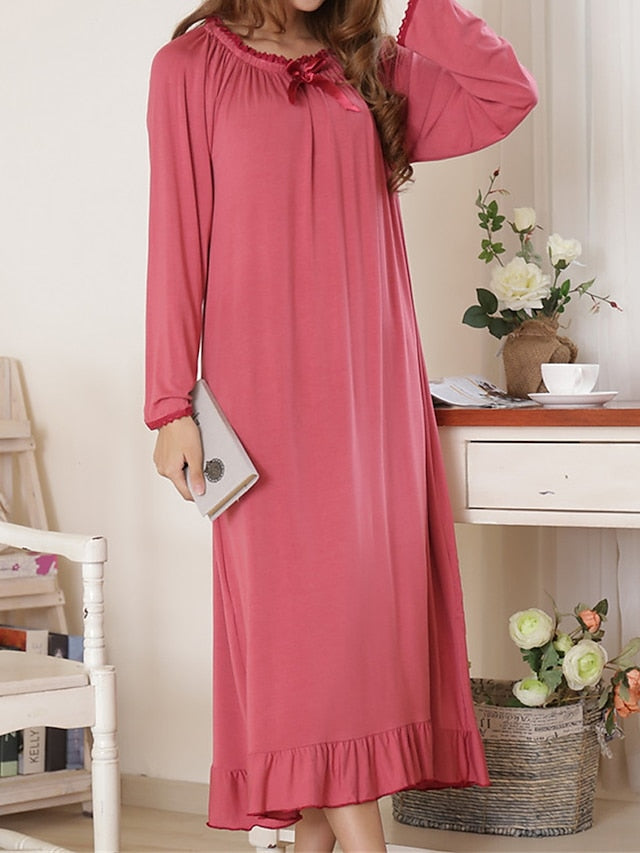 Coral Red Cozy Cotton Crew Neck Nightgown for Women