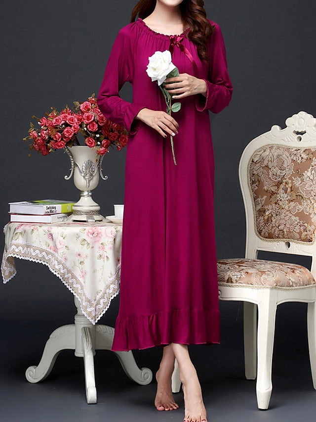 Coral Red Cozy Cotton Crew Neck Nightgown for Women