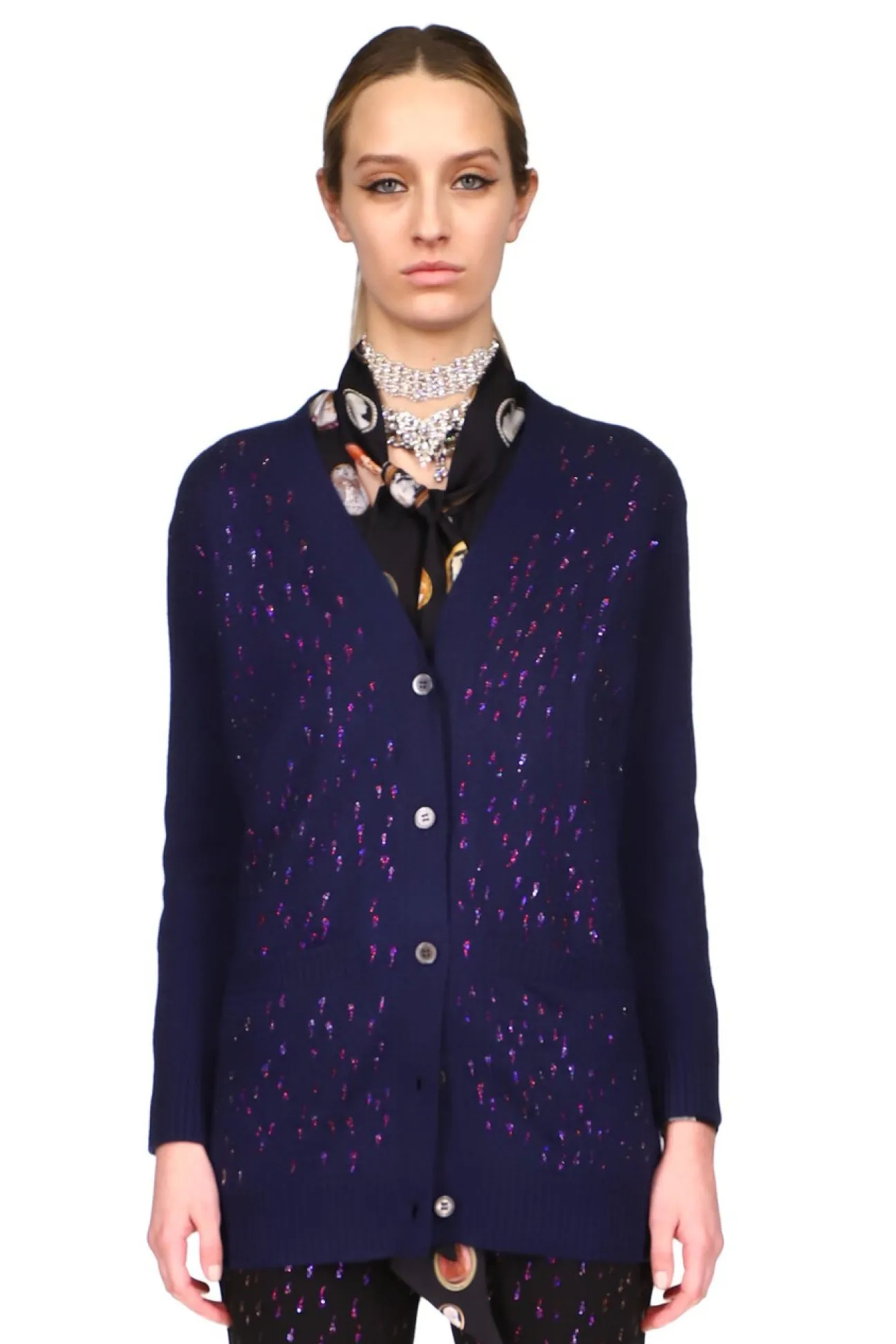 CRYSTAL ‘OIL SLICK' NAVY CASHMERE LONG CARDIGAN