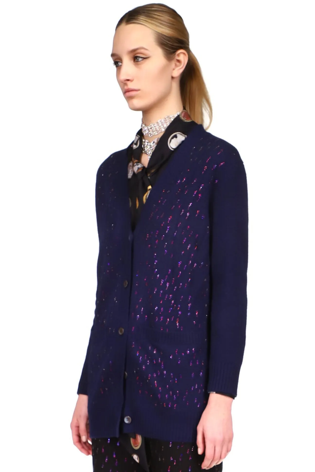 CRYSTAL ‘OIL SLICK' NAVY CASHMERE LONG CARDIGAN