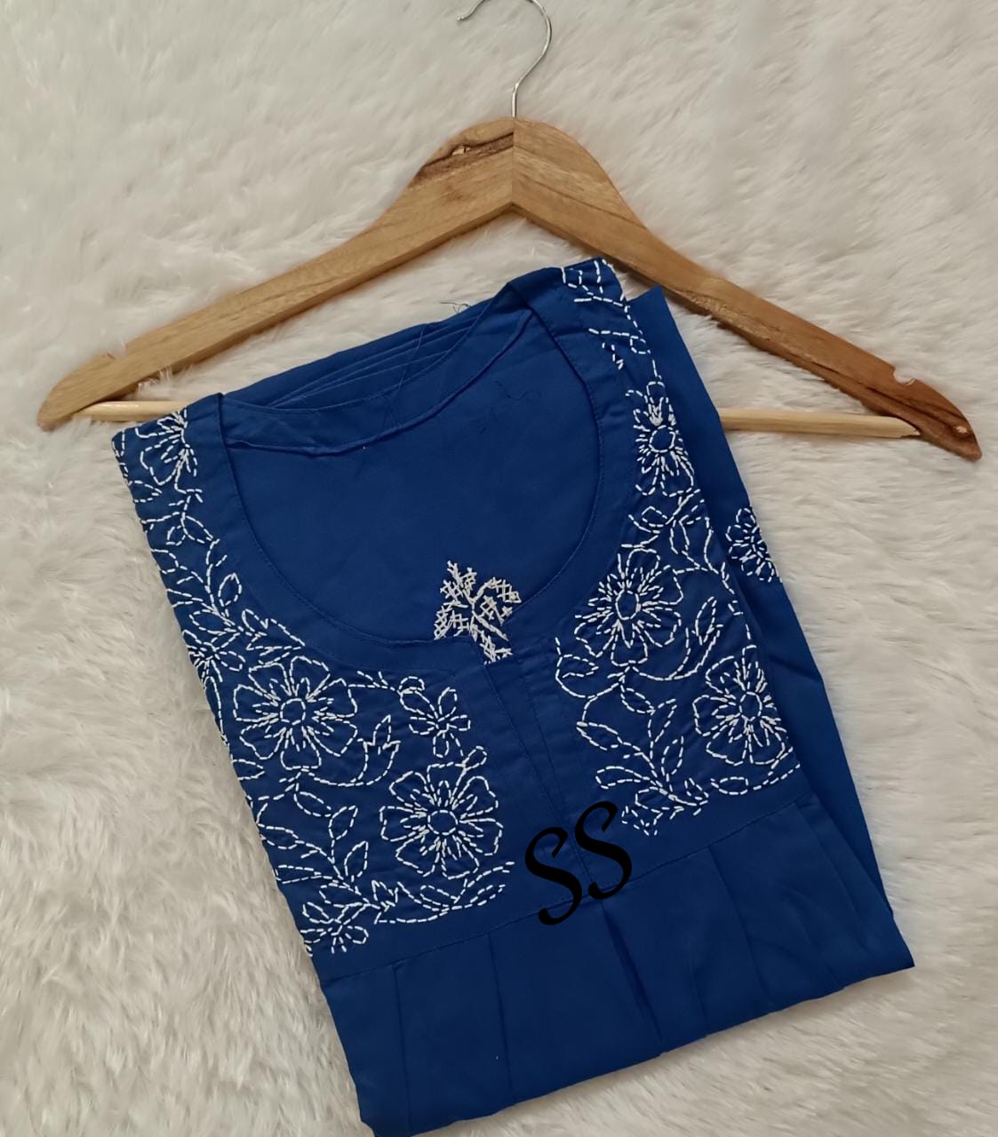 Deep Blue  Shade Cotton Chikankari A-Line Nighty for Women -MADH001DB