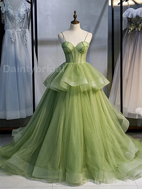 Elegant Spaghetti Straps A-line Tulle Long Evening Prom Dress Online, OL096