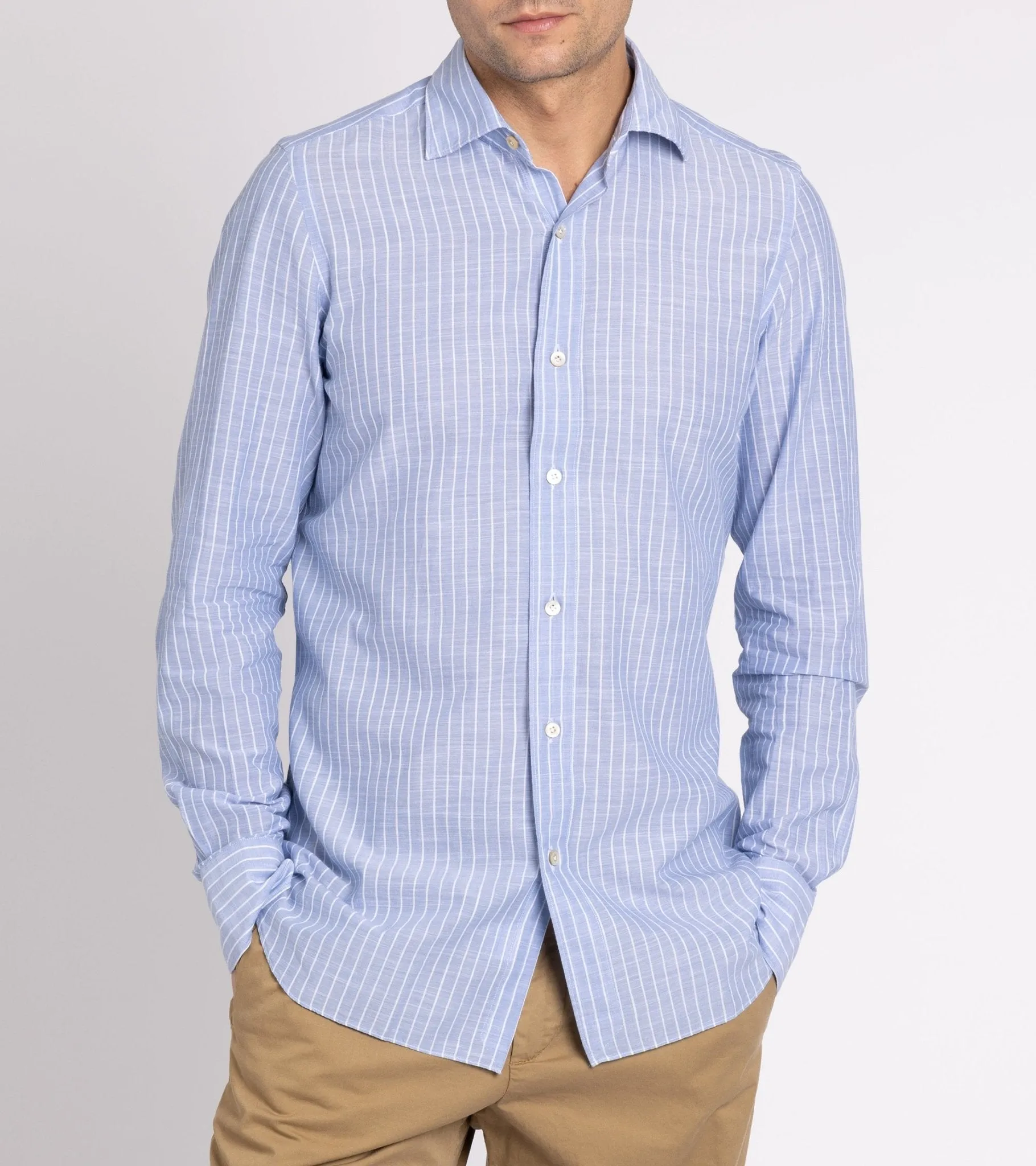 Finamore Gaeta Cotton Linen Butcher Stripe Luigi Sport Shirt: Blue/White