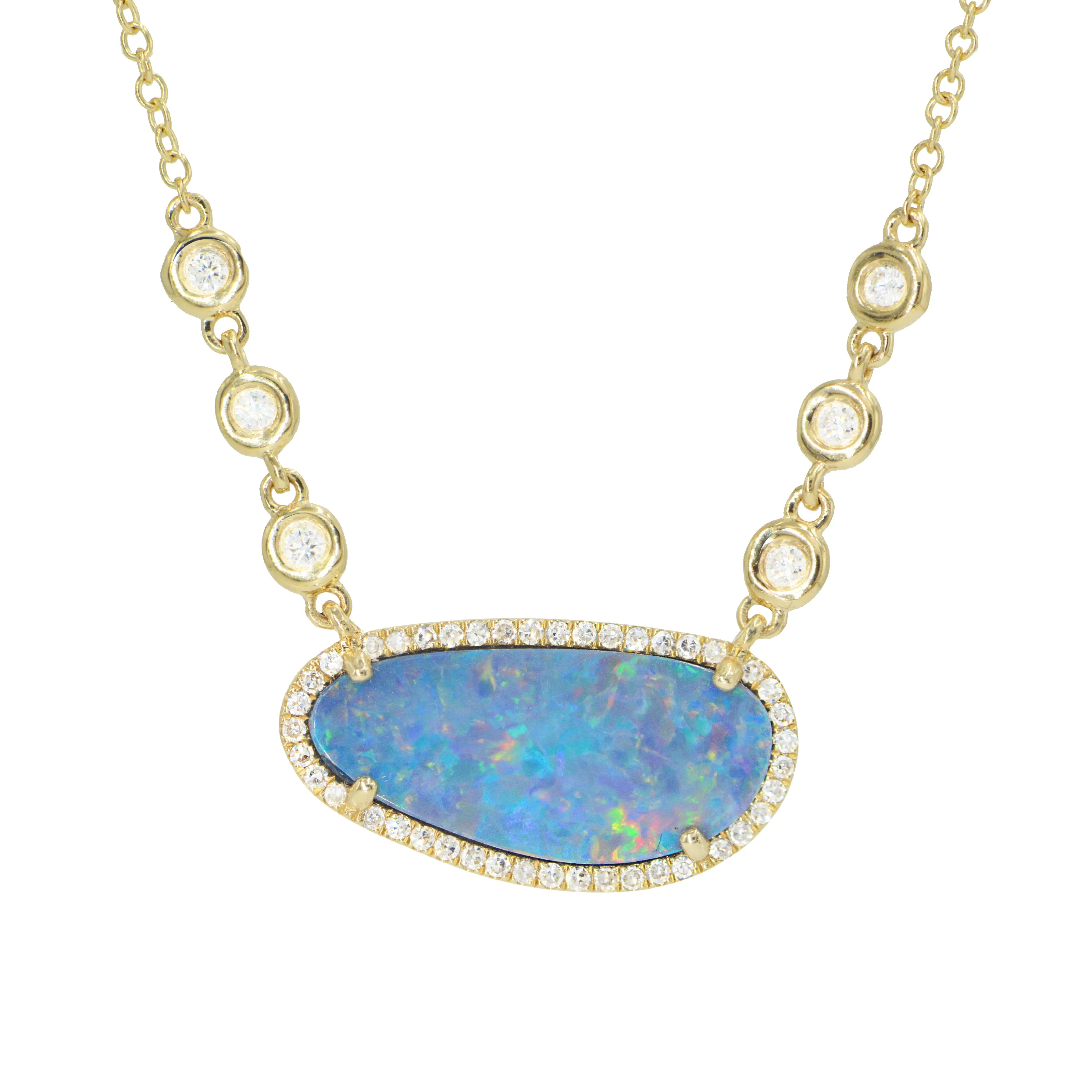 Fire Boulder Opal Necklace With In-Line Diamonds - Gray and Blue