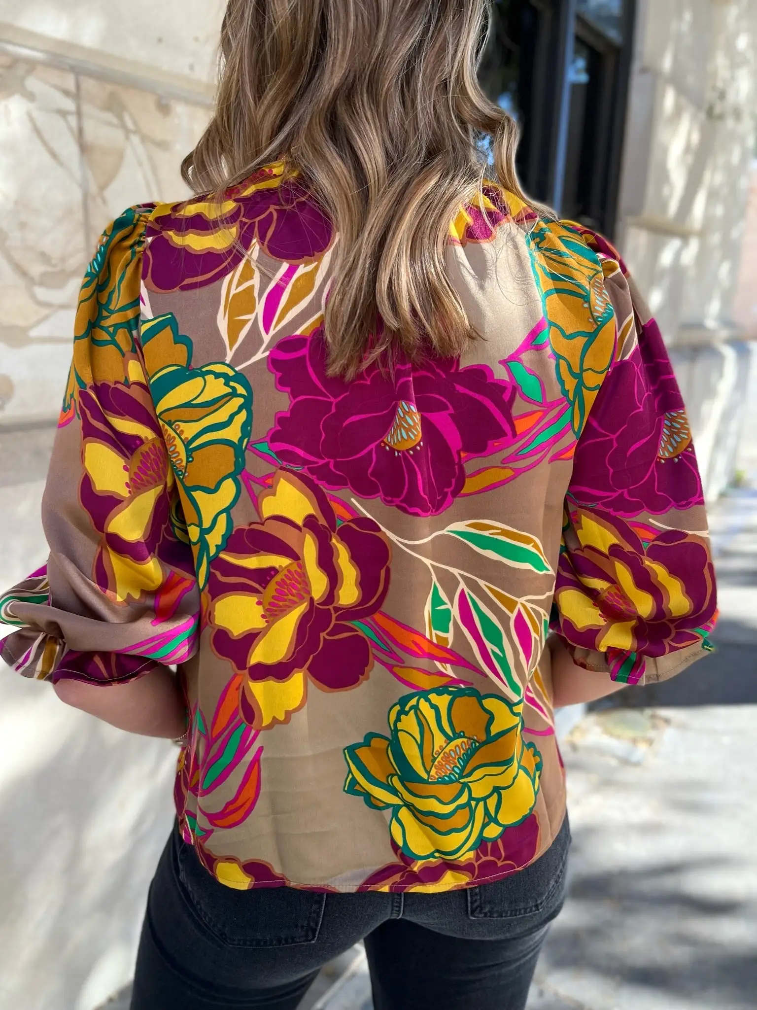 Floral Print Mock Neck Top - Mocha