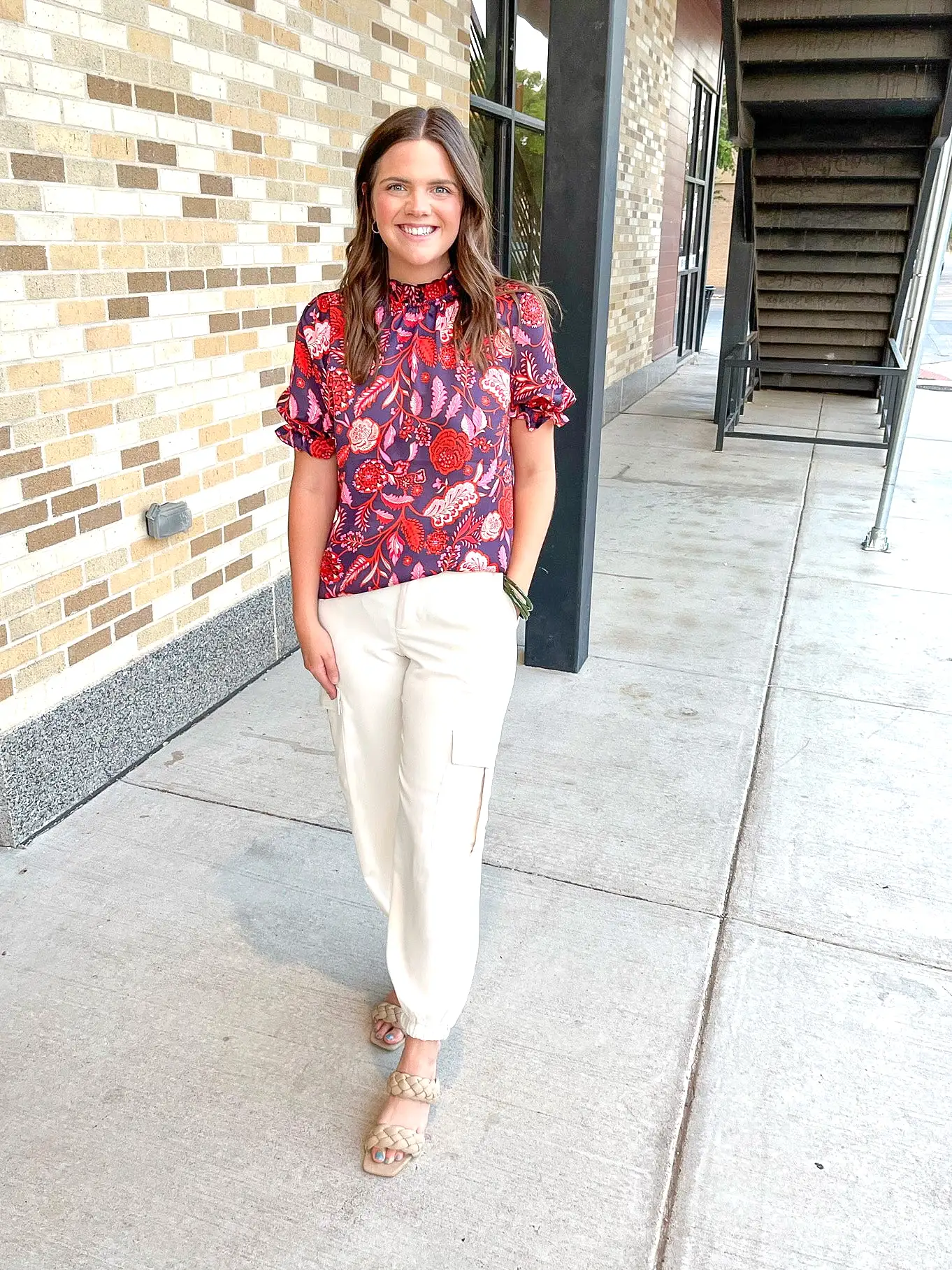 FLORAL PRINT MOCK NECK TOP - NAVY