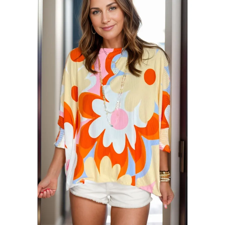 Flower Round Neck Three-Quarter Sleeve Blouse