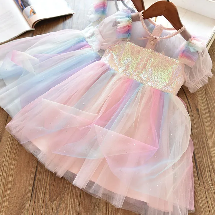 Girls Rainbow Princess Dress Summer Sequins Kids Clothing Puff Short Sleeve Elegant Mesh Tulle Children Party Tutu Ball Gown