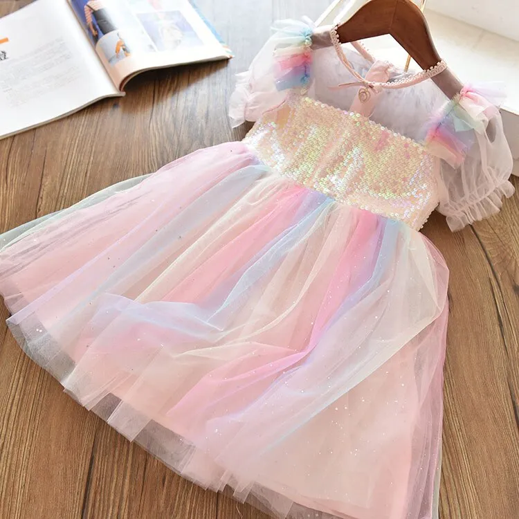 Girls Rainbow Princess Dress Summer Sequins Kids Clothing Puff Short Sleeve Elegant Mesh Tulle Children Party Tutu Ball Gown