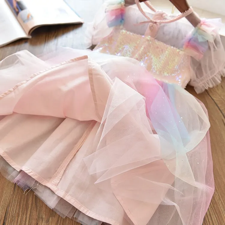 Girls Rainbow Princess Dress Summer Sequins Kids Clothing Puff Short Sleeve Elegant Mesh Tulle Children Party Tutu Ball Gown