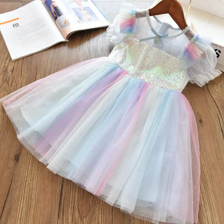 Girls Rainbow Princess Dress Summer Sequins Kids Clothing Puff Short Sleeve Elegant Mesh Tulle Children Party Tutu Ball Gown