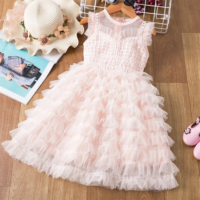 Girls Rainbow Princess Dress Summer Sequins Kids Clothing Puff Short Sleeve Elegant Mesh Tulle Children Party Tutu Ball Gown