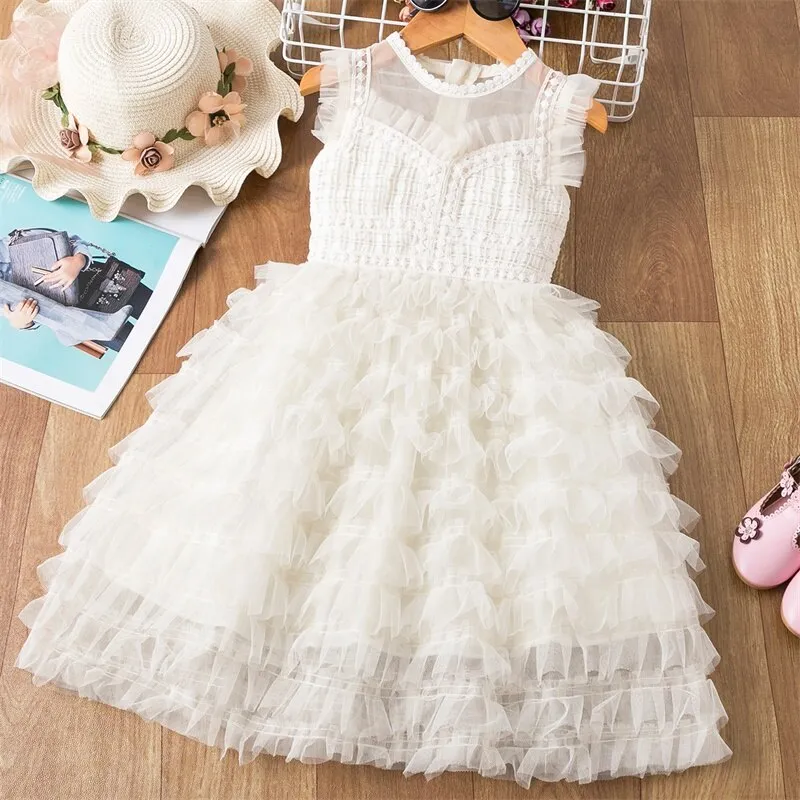 Girls Rainbow Princess Dress Summer Sequins Kids Clothing Puff Short Sleeve Elegant Mesh Tulle Children Party Tutu Ball Gown