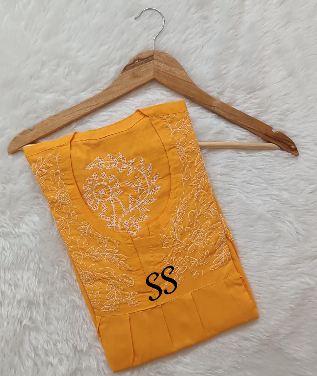 Golden Yellow  Shade Cotton Chikankari A-Line Nighty for Women -MADH001BGY